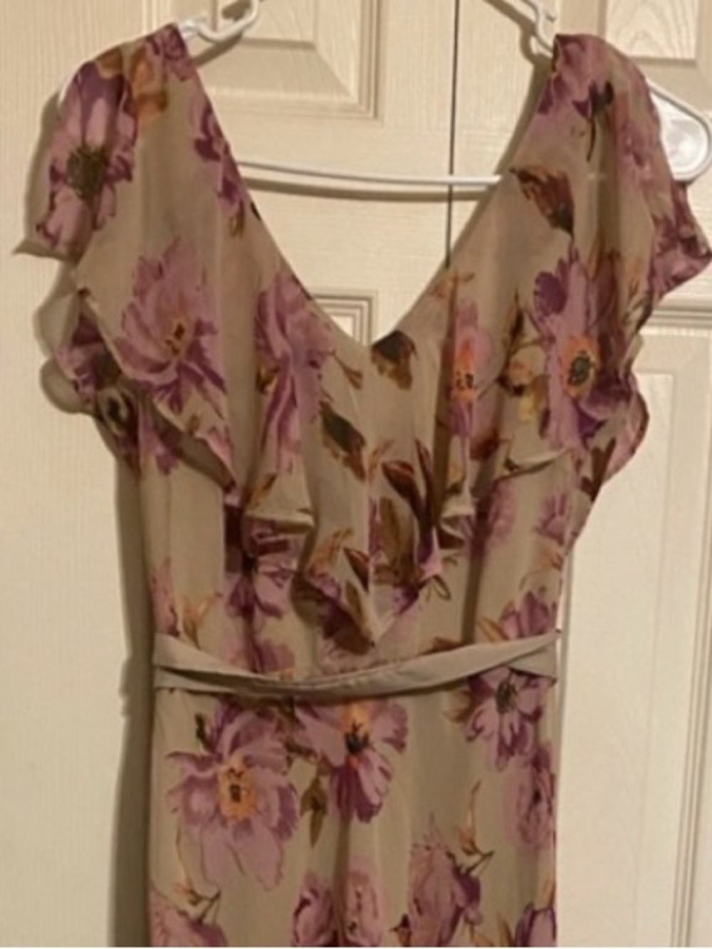 Taylor Pink and Mauve Florals on a Nude Maxi Dress